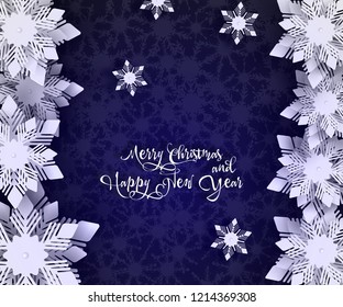 New year 2019 / 2020 and Christmas design. Christmas paper cut snowflakes with shadow on dark blue background. 