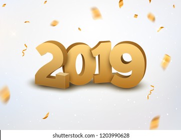 New Year 2019 3d golden numbers background with confetti. 2019 holiday celebration card golden confetti on white.