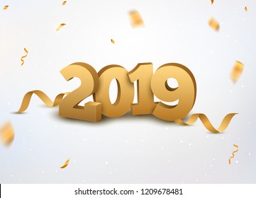 New Year 2019 3d golden numbers background with confetti. 2019 holiday celebration card golden confetti on white.