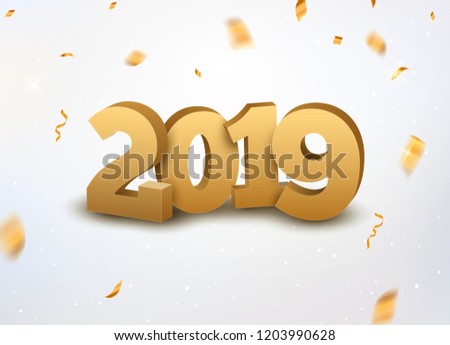 New Year 2019 3d golden numbers background with confetti. 2019 holiday celebration card golden confetti on white.