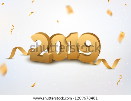 New Year 2019 3d golden numbers background with confetti. 2019 holiday celebration card golden confetti on white.