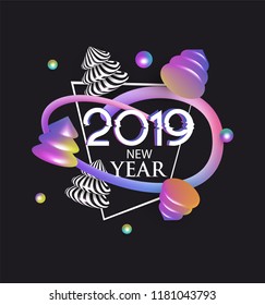 New year 2019 abstract background with colorful and striped volumeble christmas trees and balls. Vector illustration