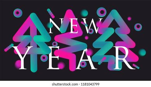 New year 2019 abstract background with colorful digital volumeble christmas trees and decorations. Simple design. Vector illustration