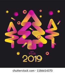 New year 2019 abstract background with colorful volumeble christmas trees and balls. Vector illustration