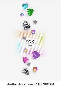 New year 2019 abstract background with falling colorful and striped christmas design elements. Vector illustration