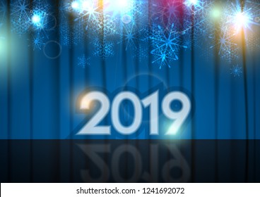Neujahr 2019 abstrakter Hintergrund, Bühne und blauer Vorhang. Vektordesign