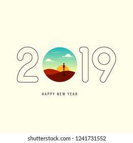 New year 2019 abstract background decorative with vintage retro landscape icon. Design element template can be used for greeting card, postcard, backdrop, brochure, publication, vector illustration
