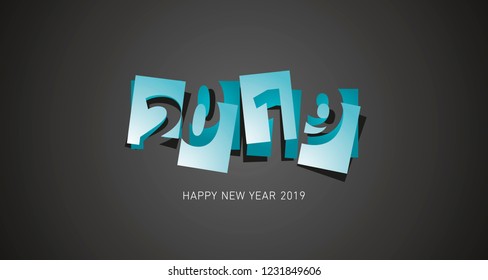 New Year 2019 abstract design negative space gold blue numbers black background