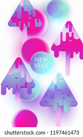 New year 2019 background with abstract digital bright christmas trees and balls. Vector illustration