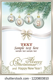 New Year 2019. Background with balls on on spruce branches in a frame with an ornament. Vector illustration
