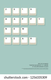 New year 2019 background decorative with various alphabet on computer keyboard background. Design element can be used for postcard, poster; backdrop, brochure, publication, vector illustration