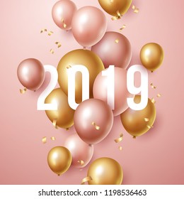 New Year 2019 Background With Floating Party Balloons. Vector Illustration