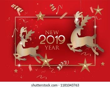 New year 2019  background with golden deco deers and confetti. Vector illustration
