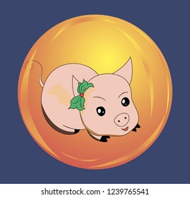 new year 2019 ball on the tree with a pig. Vector illustration