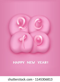 New year 2019 banner with 4 pig pink backsides with tails in shape of numbers. Vector illustration