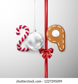 New Year 2019 banner. Creative festive lettering. Candy and Christmas ball ribbon with bow and gingerbread cookie. Vector illustration
