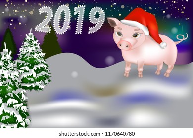 New year 2019 banner with cute pig. Template for greeting card. Chinese New Year of the Pig 2019