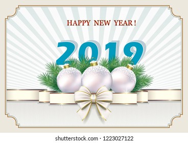  New Year 2019. Banner with the date 2019 on a background of rays in a frame with Christmas decoration.Vector illustration
