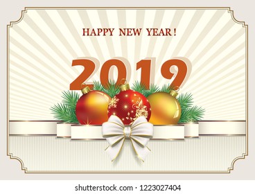  New Year 2019. Banner with the date 2019 on a background of rays in a frame with Christmas decoration.Vector illustration