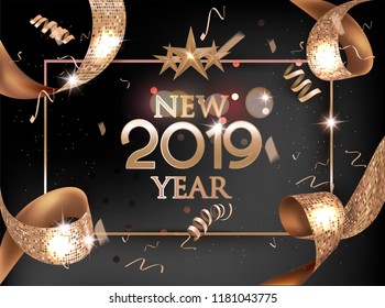 New year 2019 banner with golden textured ribbon and confetti. Vector illustration