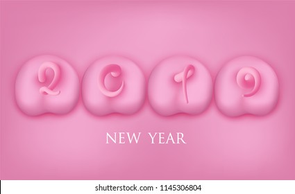 New year 2019 banner with pig pink backsides with tails in shape of numbers. Vector illustration