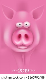 New year 2019 banner with  pink pig. Vector illustration