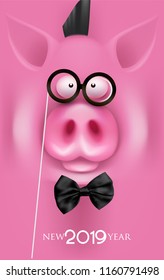New year 2019 banner with  pink pig face. Vector illustration
