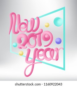 New year 2019 banner with  volume pink letters and numbers. Vector illustration