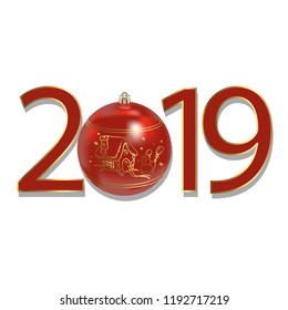 New Year 2019 beautiful template. Traditional winter holidays design for seasonal greeting card, calendar, poster, banner, brochure. Vector Illustration