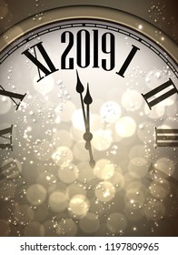 New Year 2019 bokeh card with golden clock. Vector bokeh background.
