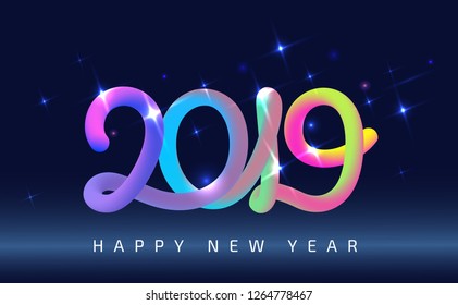New Year 2019 with bright 3D date and shining stars on a black space. Vector illustration. 