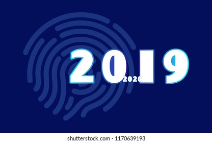 New Year 2019. Calendar. 2020. Holidays. Modern minimalist New Year. Creative rooms. Colorful. Dark blue background. Smartphone notebook, phone Futuristic design. Banner, poster, numbers, fingerprints