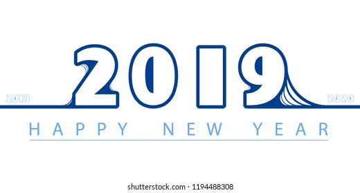 New Year 2019. Calendar. Blue inscription, strips. Festive modern minimalist. Creative rooms. White background. Smartphone laptop, phone. Futuristic. Banner, poster, numbers, illustration flat design
