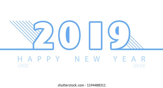 New Year 2019. Calendar. Blue inscription, strips. Festive modern minimalist. Creative rooms. White background. Smartphone laptop, phone. Futuristic. Banner, poster, numbers, illustration flat design