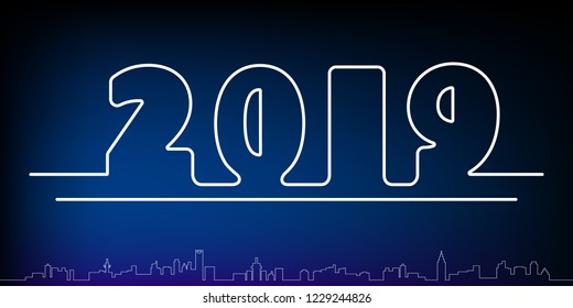 New Year 2019. Calendar. Creative rooms, White Numbers, Merry Christmas. Holiday. Silhouettes of rooms. City silhouette. Dark blue background. Touch screen, banner, poster, illustration, flat design
