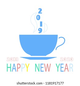 New Year 2019. Calendar. Cup of coffee. Festive modern minimalist. Creative rooms. White background. Smartphone laptop, phone.Futuristic Banner, poster, figures, multicolored, illustration flat design