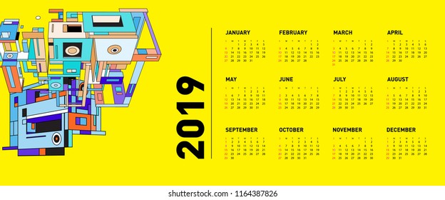 New year 2019 calendar design template with geometric colorful background