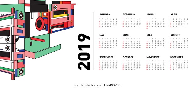 New year 2019 calendar design template with geometric colorful background