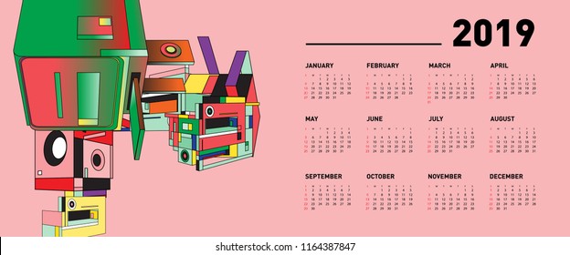 New year 2019 calendar design template with geometric colorful background