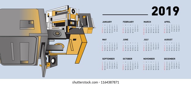 New year 2019 calendar design template with geometric colorful background
