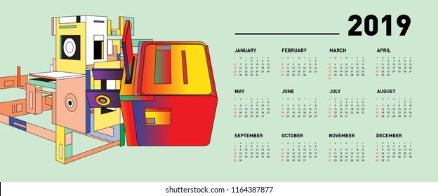 New year 2019 calendar design template with geometric colorful background