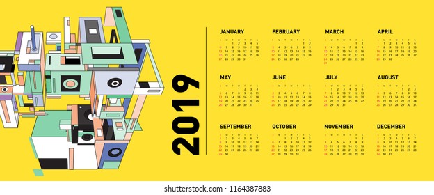 New year 2019 calendar design template with geometric colorful background