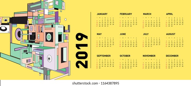 New year 2019 calendar design template with geometric colorful background