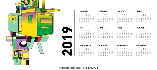 New year 2019 calendar design template with geometric colorful background