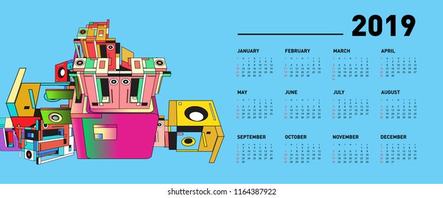New year 2019 calendar design template with geometric colorful background