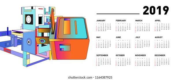 New year 2019 calendar design template with geometric colorful background