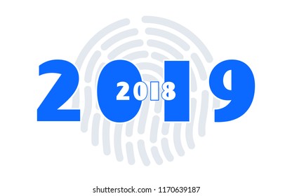 New Year 2019. Calendar. 2019. Holiday. Modern minimalist New Year. Creative rooms. Colorful.  White background. Smartphone laptop, phone. Futuristic design. Banner, poster,numbers, fingerprint, cover