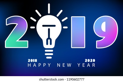 New Year 2019. Calendar. Idea. Multicolored inscription, White. Holiday. Modern minimalist. Creative rooms. Blue background. Smartphone laptop, phone. Futuristic design. Banner, poster, numbers, cover