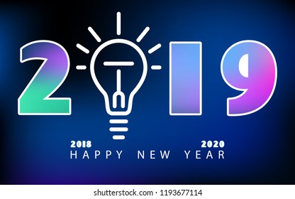 New Year 2019. Calendar. Idea. Multicolored inscription, White. Holiday. Modern minimalist. Creative rooms. Blue background. Smartphone laptop, phone. Futuristic design. Banner, poster, numbers, cover