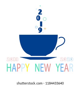New Year 2019. Calendar, Inscription. Cup of coffee. Festive modern minimalist. Creative rooms. White background. Smartphone notebook. Futuristic banner, multicolored, poster, illustration, flat desig